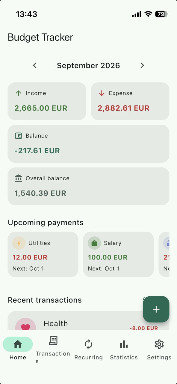 ComSy FinTrack — home screen with income, expenses, balance and upcoming payments