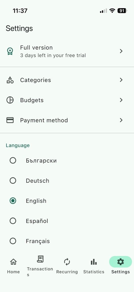 Settings — full version and language choice