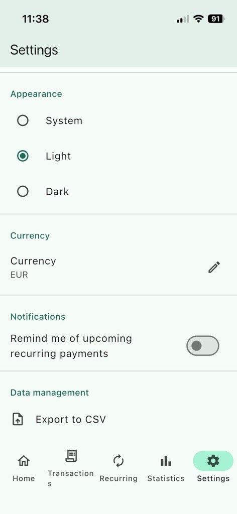 Settings — reminders for upcoming recurring payments, currency and theme